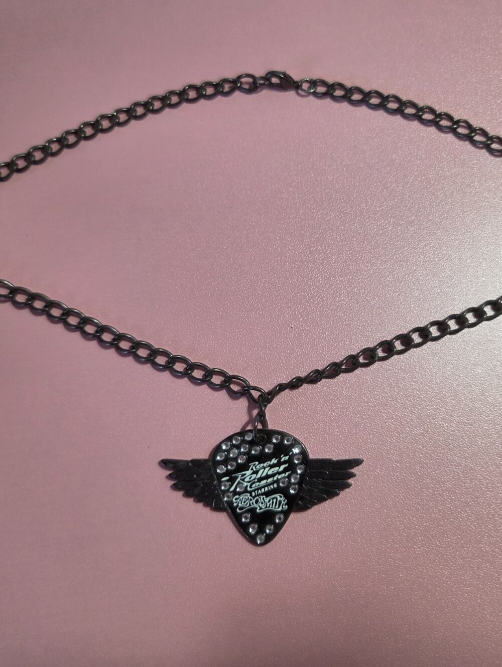 Aerosmith Rockin Roller Coasrer Black Guitar Pick Pendant Necklace